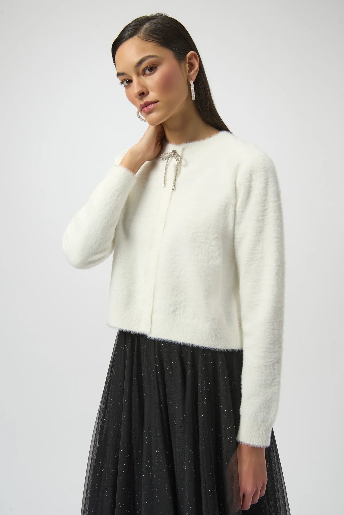 Feather Yarn Cardigan with Rhinestone Bow – Steppin' Out