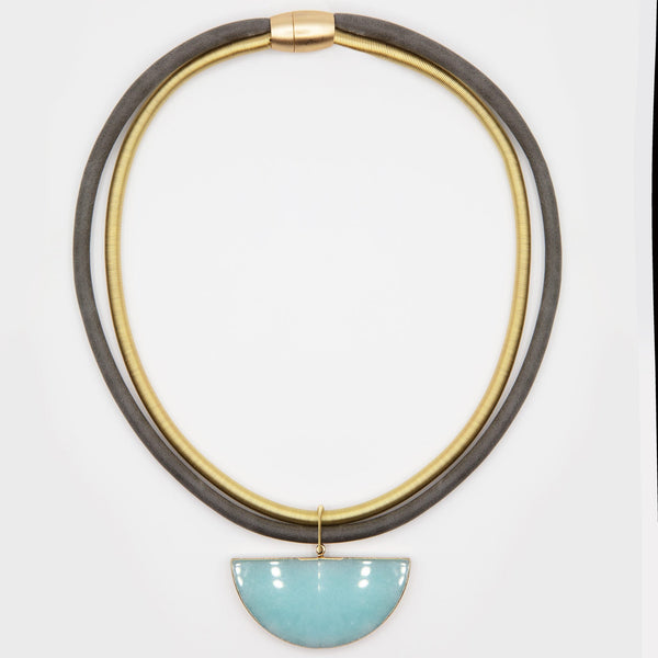 Leather with Gold Wire Necklace with Half Moon Lapis
