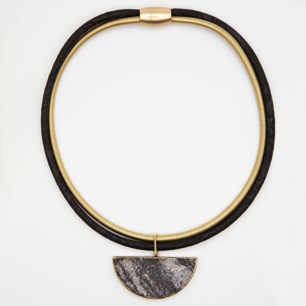 Leather with Gold Wire Necklace with Half Moon Lapis