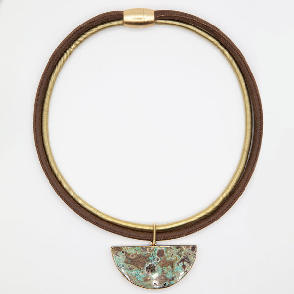 Leather with Gold Wire Necklace with Half Moon Lapis