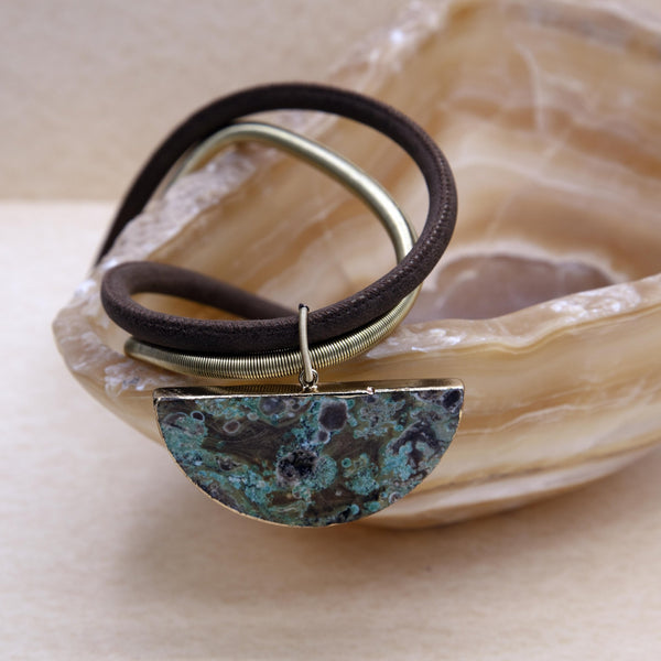 Leather with Gold Wire Necklace with Half Moon Lapis