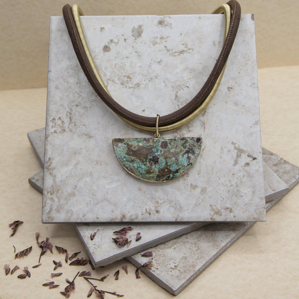 Leather with Gold Wire Necklace with Half Moon Lapis