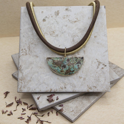 Leather with Gold Wire Necklace with Half Moon Lapis