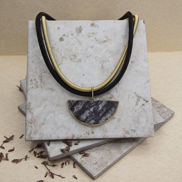 Leather with Gold Wire Necklace with Half Moon Lapis