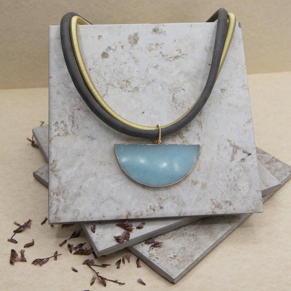 Leather with Gold Wire Necklace with Half Moon Lapis