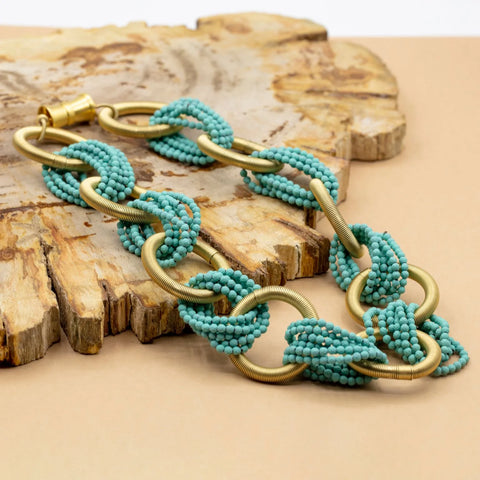 Gold rings with turquoise hematite beads necklace